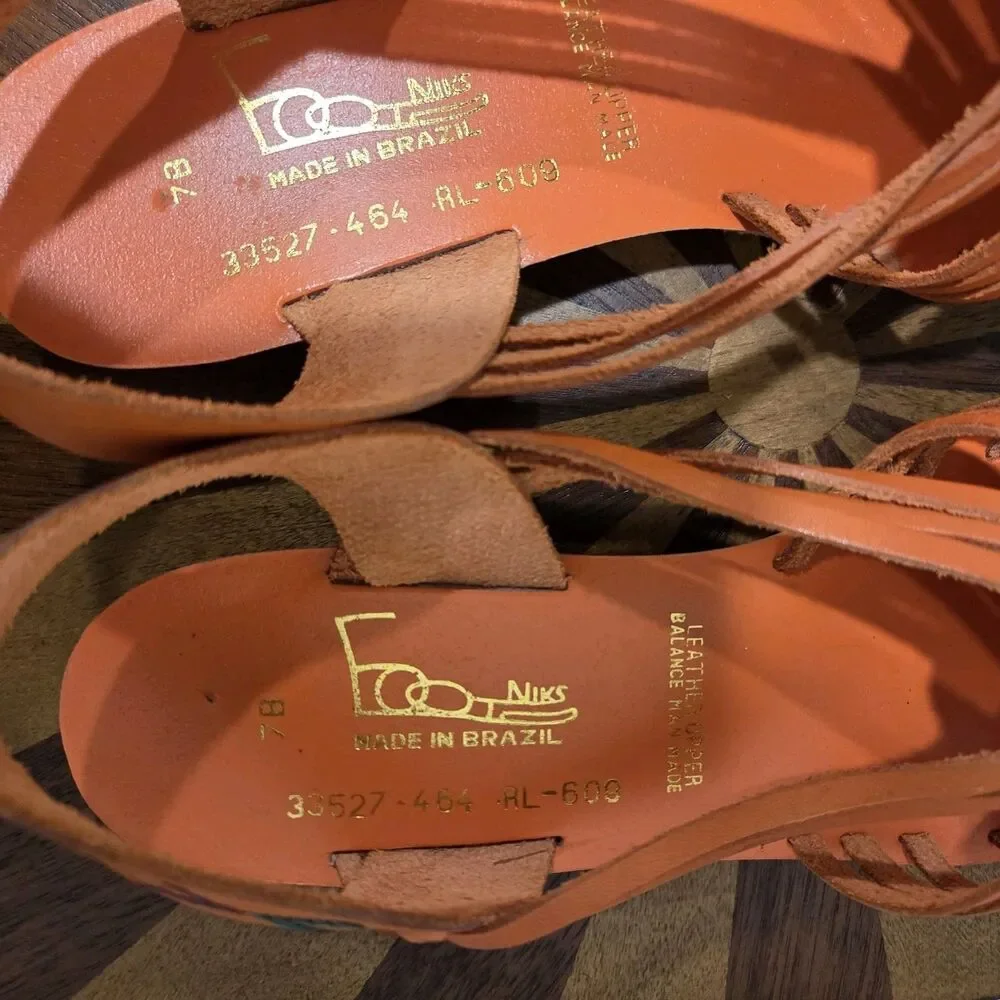 True Vintage 70s Foot Niks Sandals Shoes US 7B Orange Leather Boho Hippie Gypsy